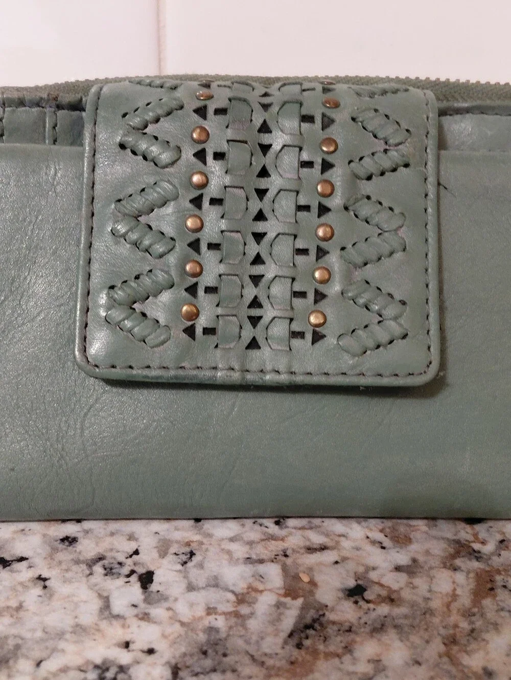 Vilenca Holland Sage Green Leather Zip Wallet with Decorative Studs